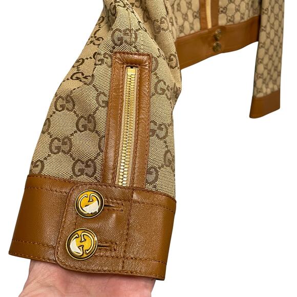 NWT Gucci GG Canvas Jacket Leather Trim Neutral Brown Tan Womens 40 / US 4 - Picture 8 of 16